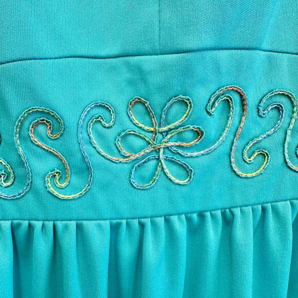 Vintage 60s/70s Turquoise Blue Keyhole Front Maxi Dress High Neck Size 18 - Picture 4 of 16